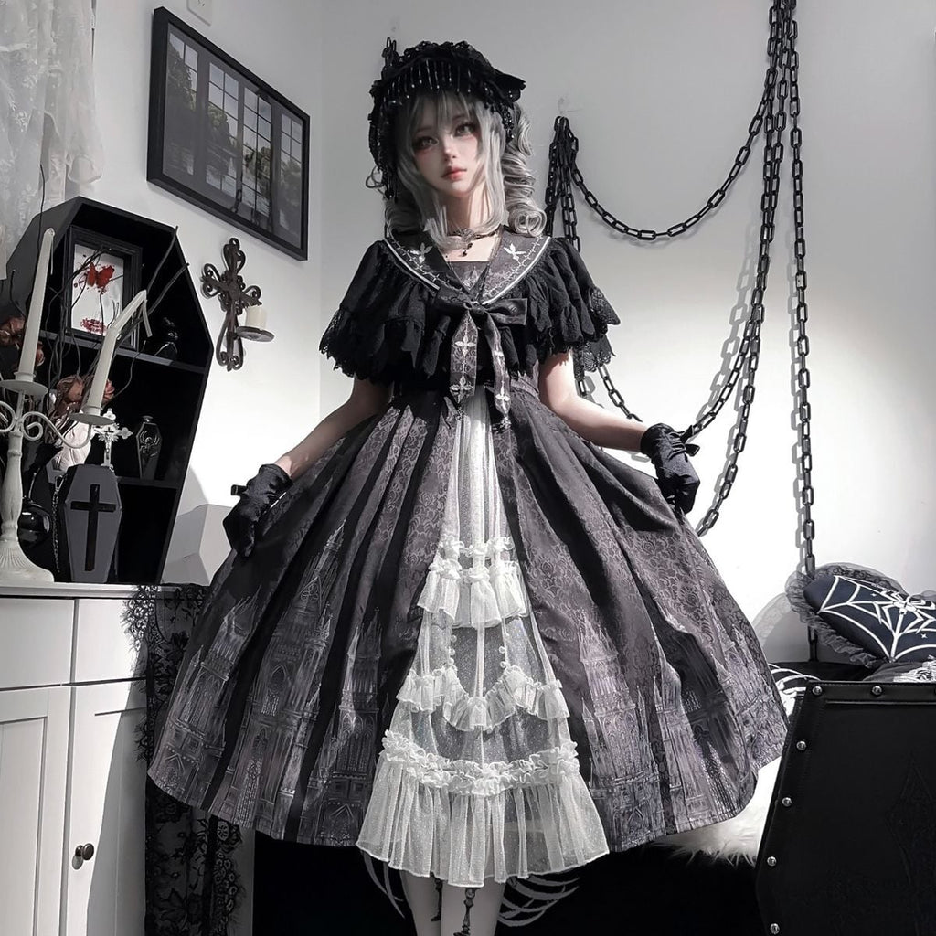 Gothic-Inspired Cape Jumper Skirt Outfit