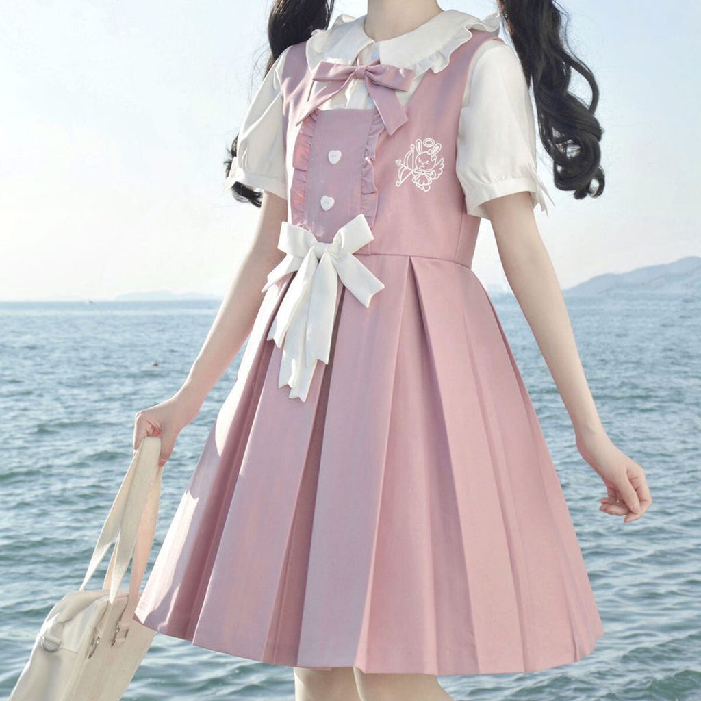 Cute Frill Blouse and Ribbon Jumper Skirt Set