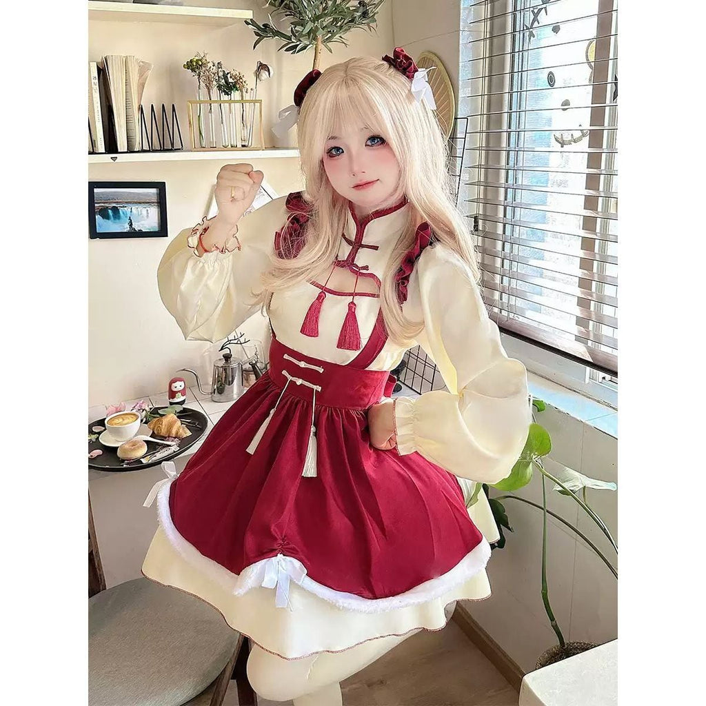 Red Frilled Maid Outfit with Chinese Design