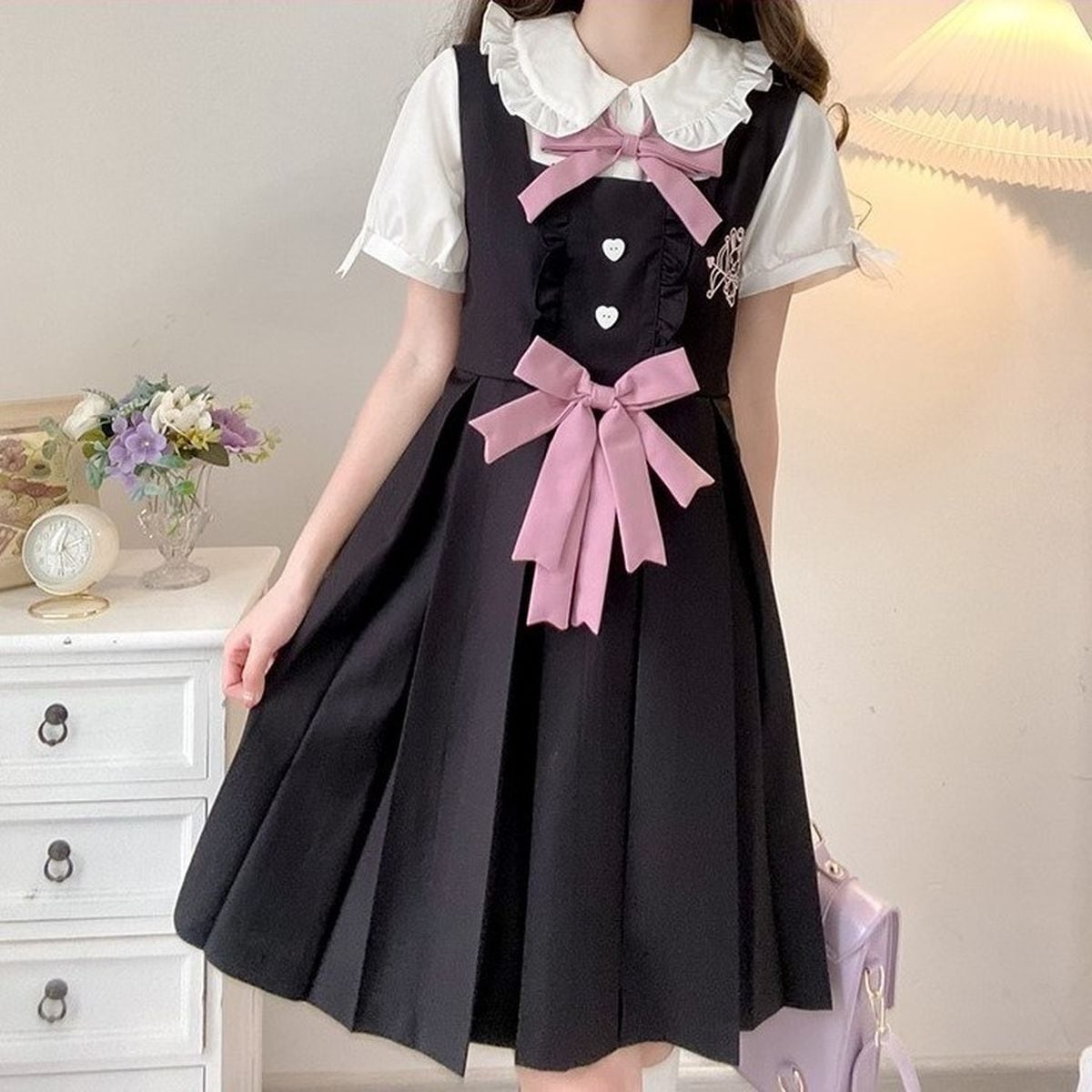 Cute Frill Blouse and Ribbon Jumper Skirt Set