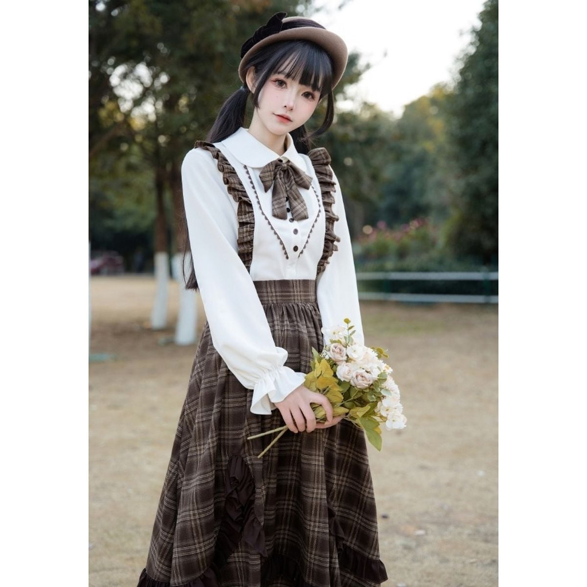 Brown Plaid Jumper Skirt Ensemble
