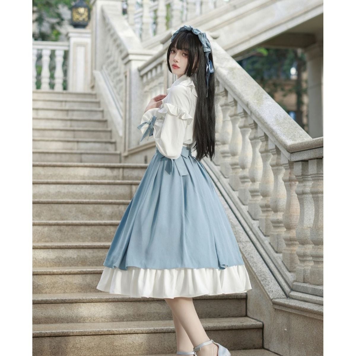 Elegant Sky Blue Ruffle Skirt Set