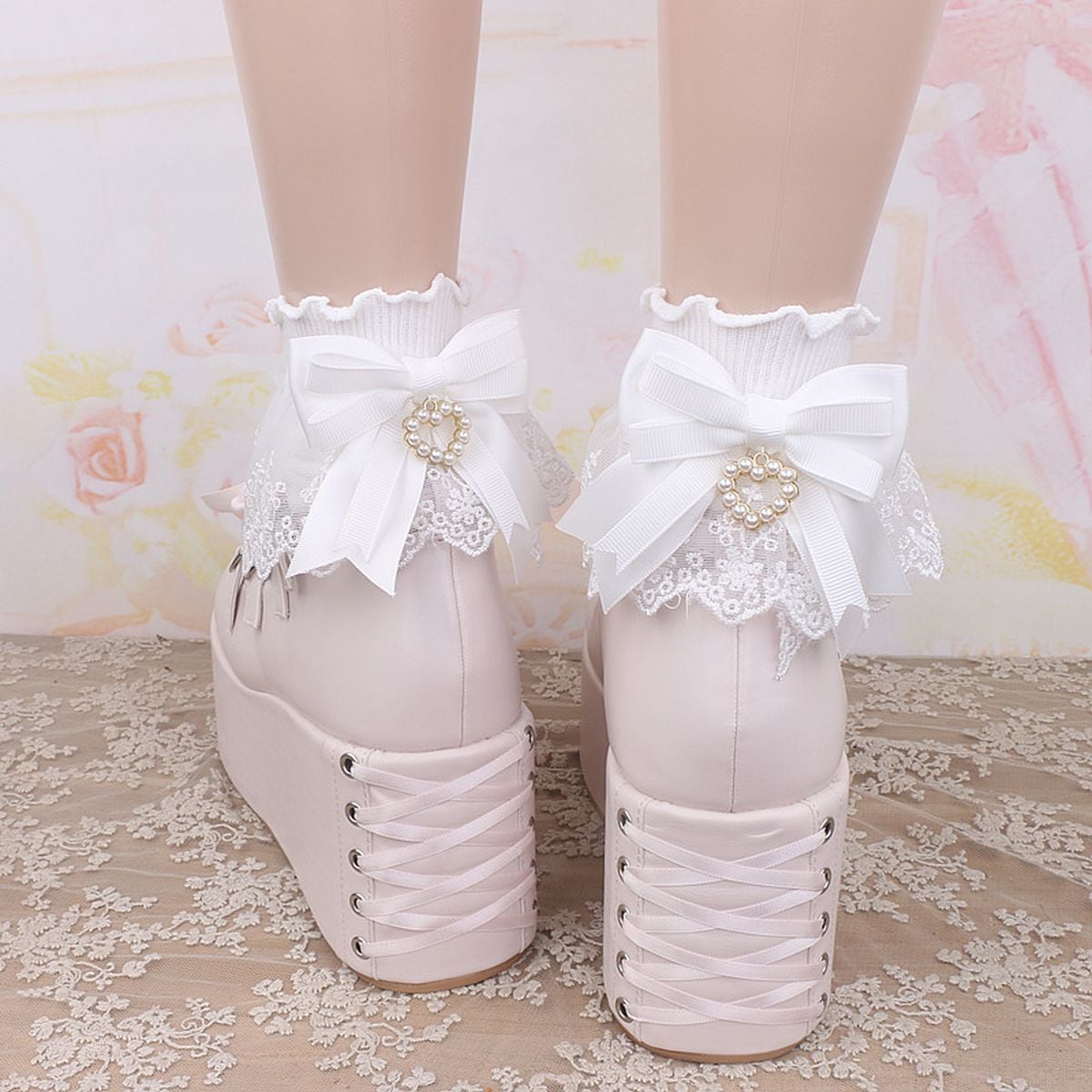 Heart Charm Ankle Socks with Back Bow