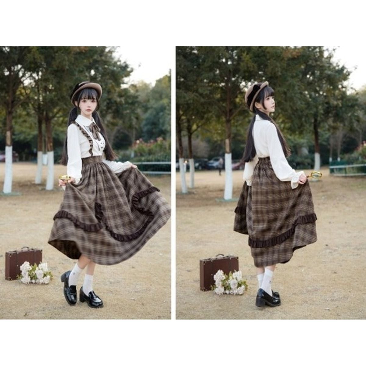 Brown Plaid Jumper Skirt Ensemble