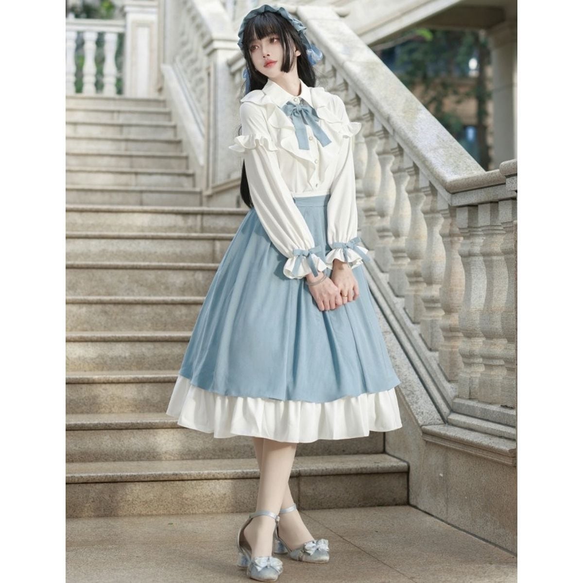 Elegant Sky Blue Ruffle Skirt Set