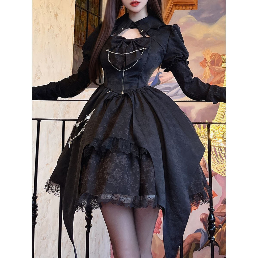 Gothic Chain-Embellished Frill Dress