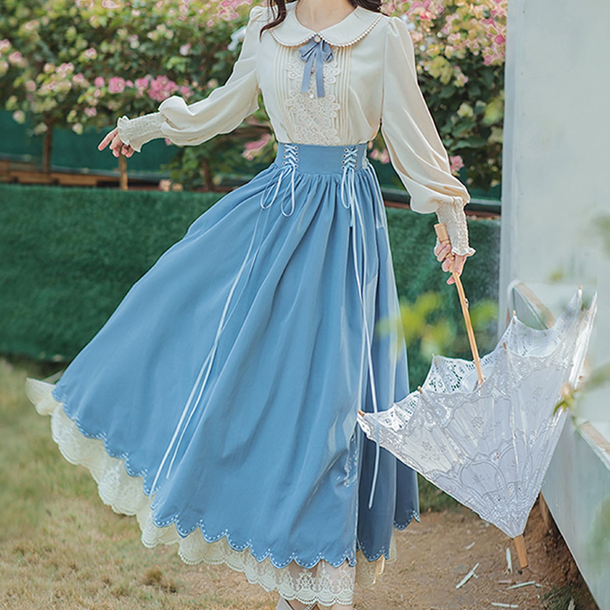 Frilled Sleeve Blouse and Lace-Up Maxi Skirt Set