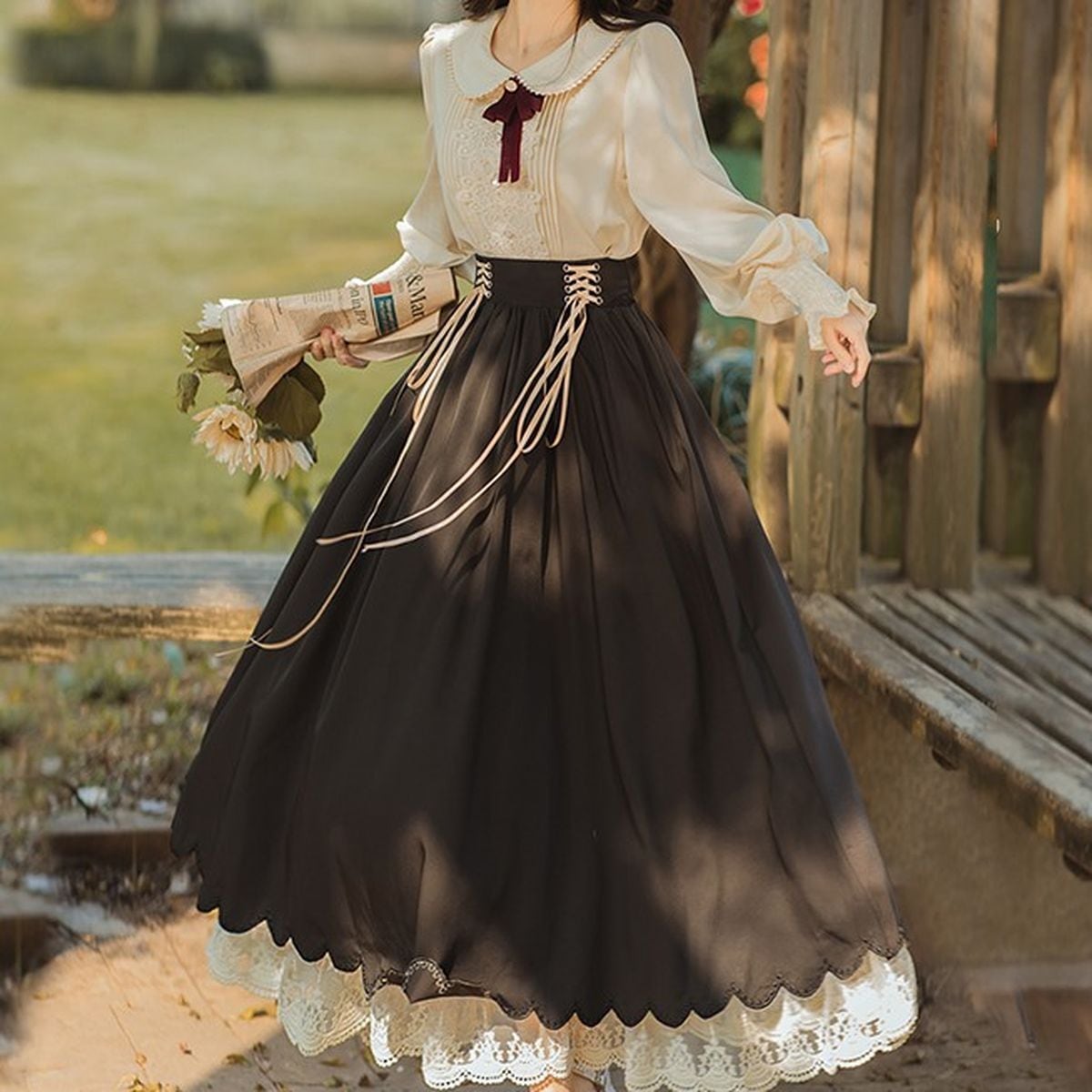 Frilled Sleeve Blouse and Lace-Up Maxi Skirt Set