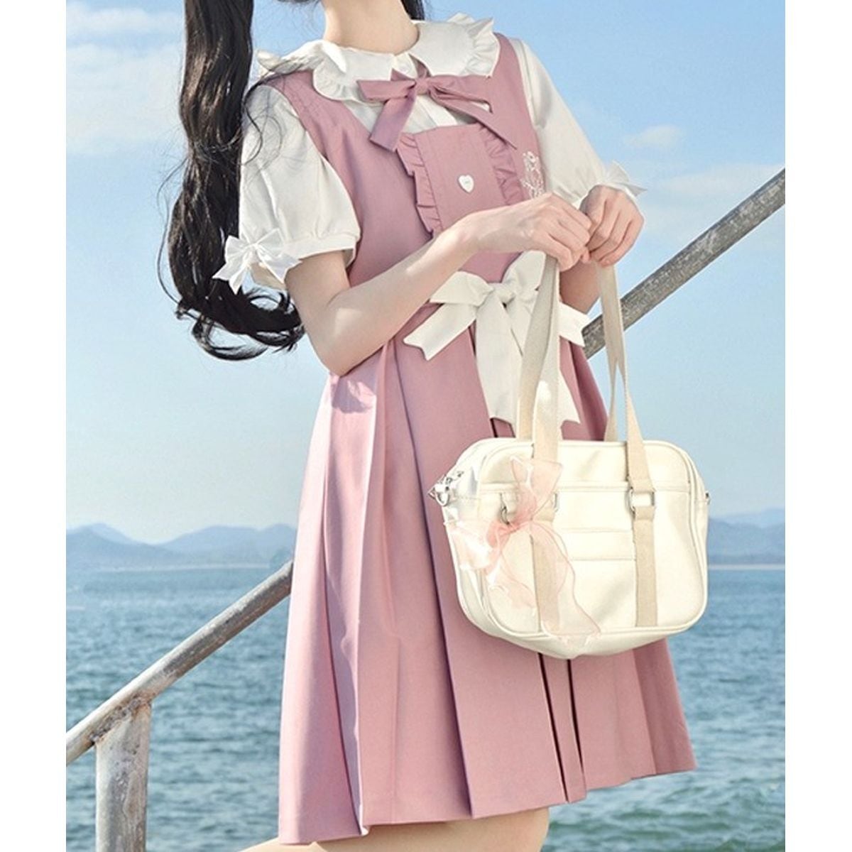 Cute Frill Blouse and Ribbon Jumper Skirt Set