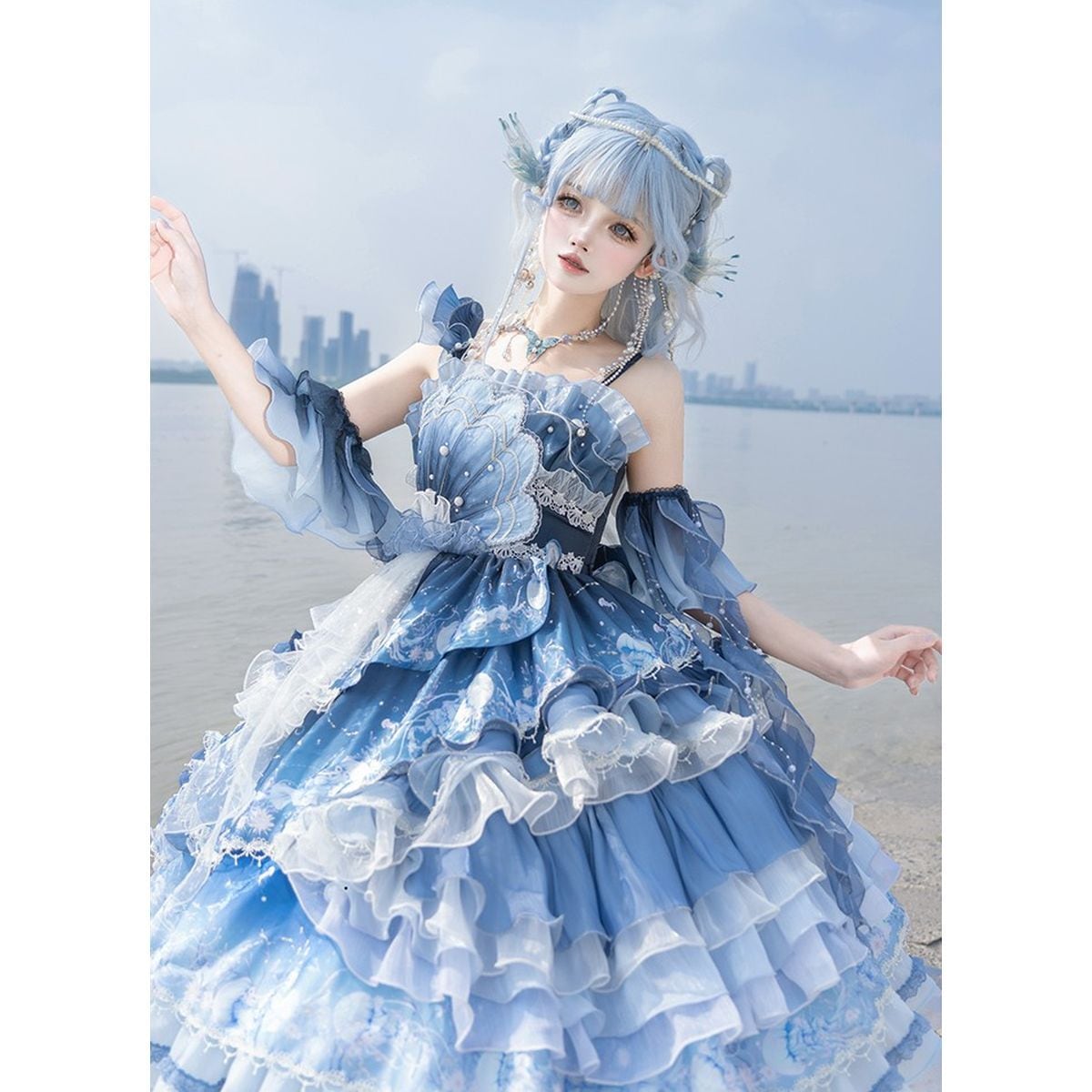 Blue Ruffle Gradient Dress Set