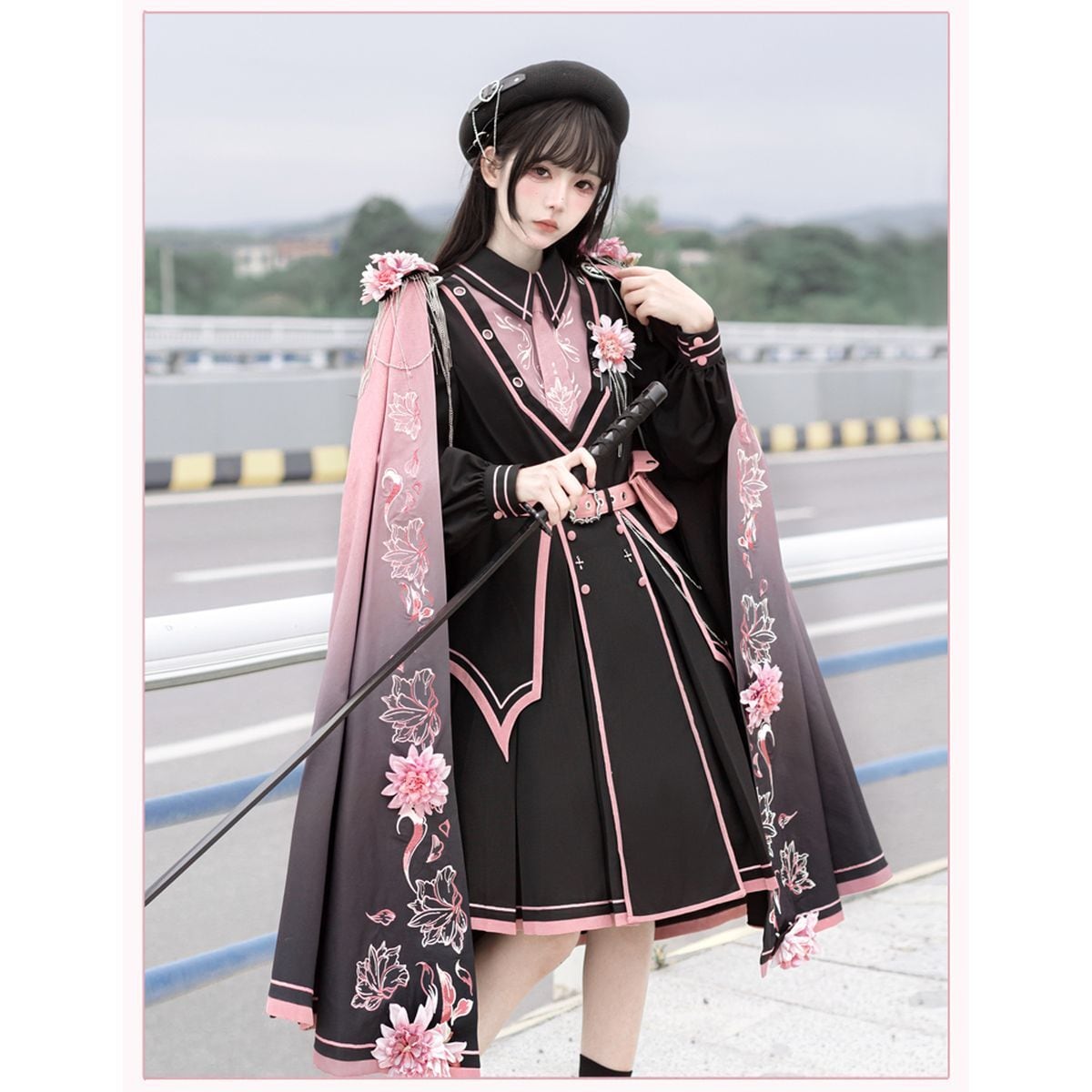 Pink and Black Military Lolita Dress Set