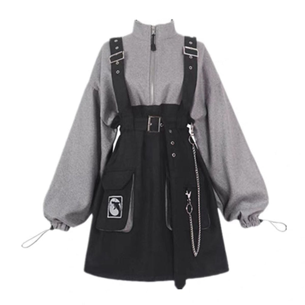 Stylish Felt Dress with Suspenders