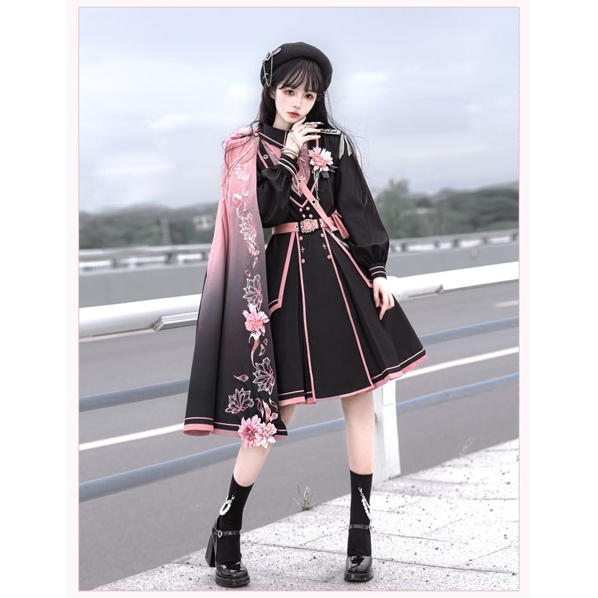 Pink and Black Military Lolita Dress Set