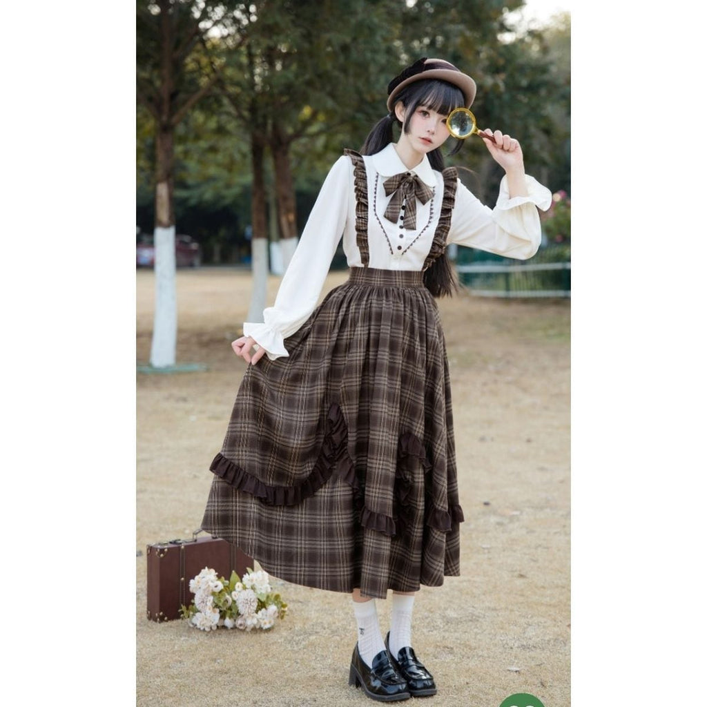 Brown Plaid Jumper Skirt Ensemble