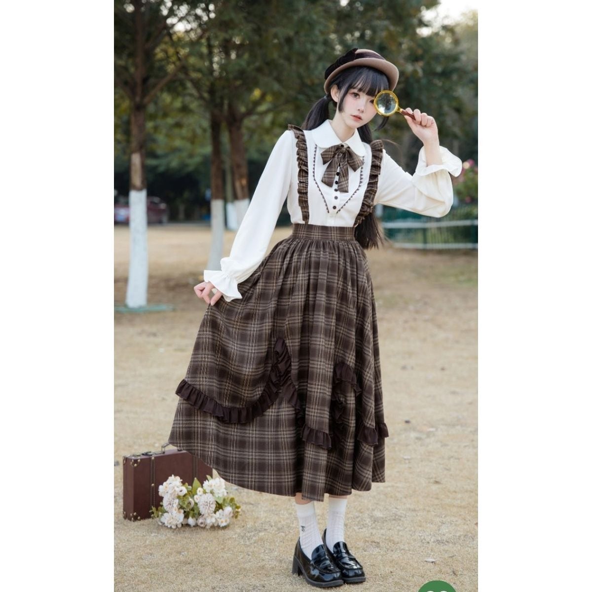 Brown Plaid Jumper Skirt Ensemble