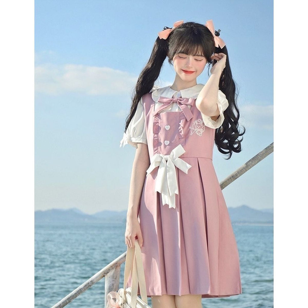 Cute Frill Blouse and Ribbon Jumper Skirt Set