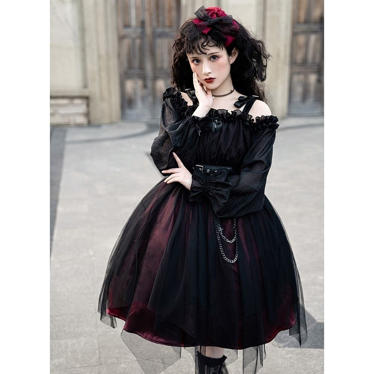 Gothic Off-Shoulder Double Belt Dress