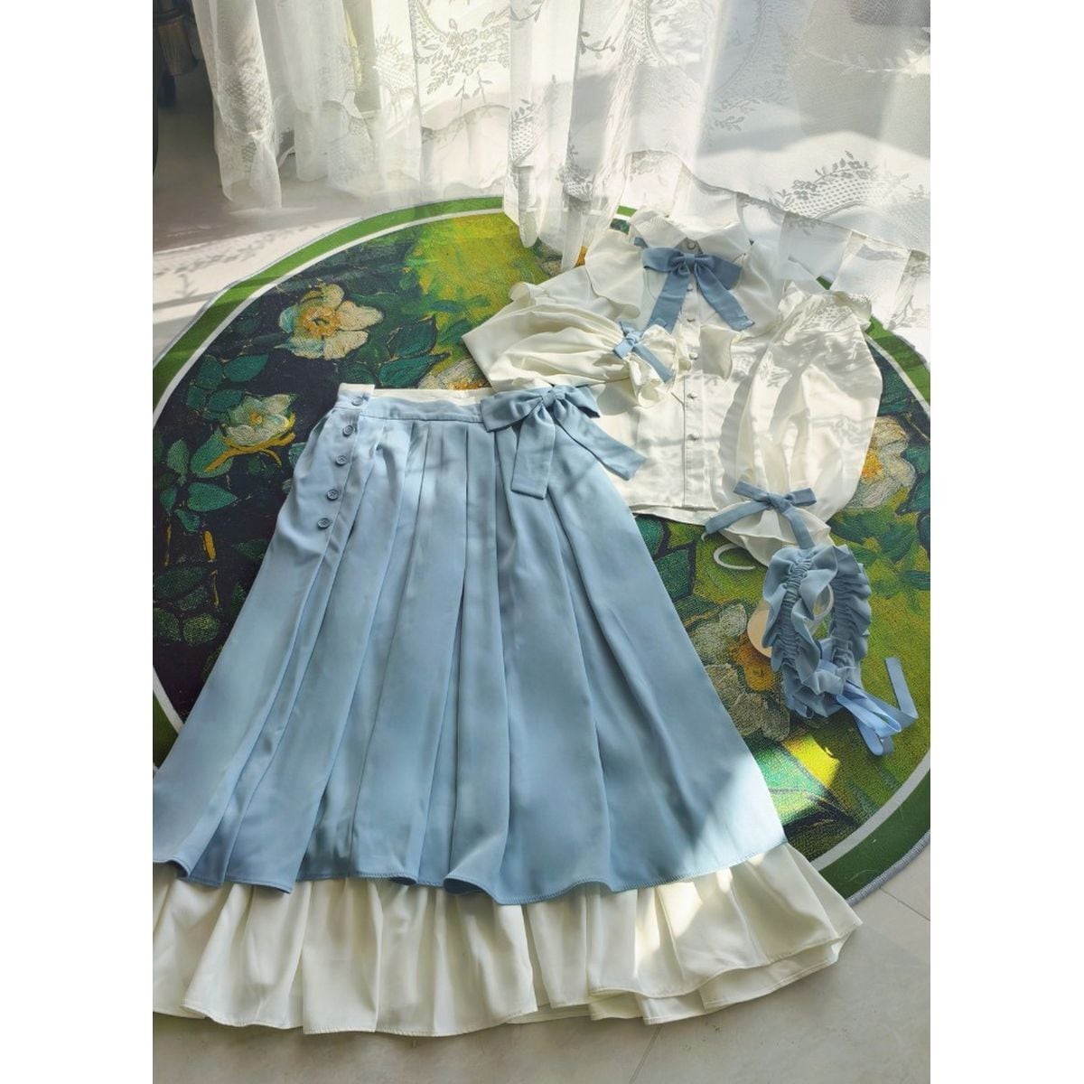 Elegant Sky Blue Ruffle Skirt Set