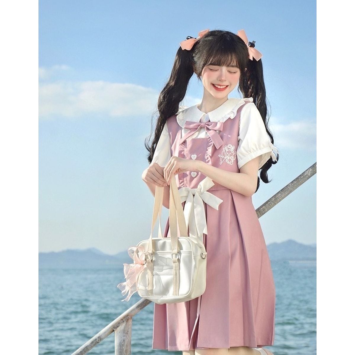 Cute Frill Blouse and Ribbon Jumper Skirt Set