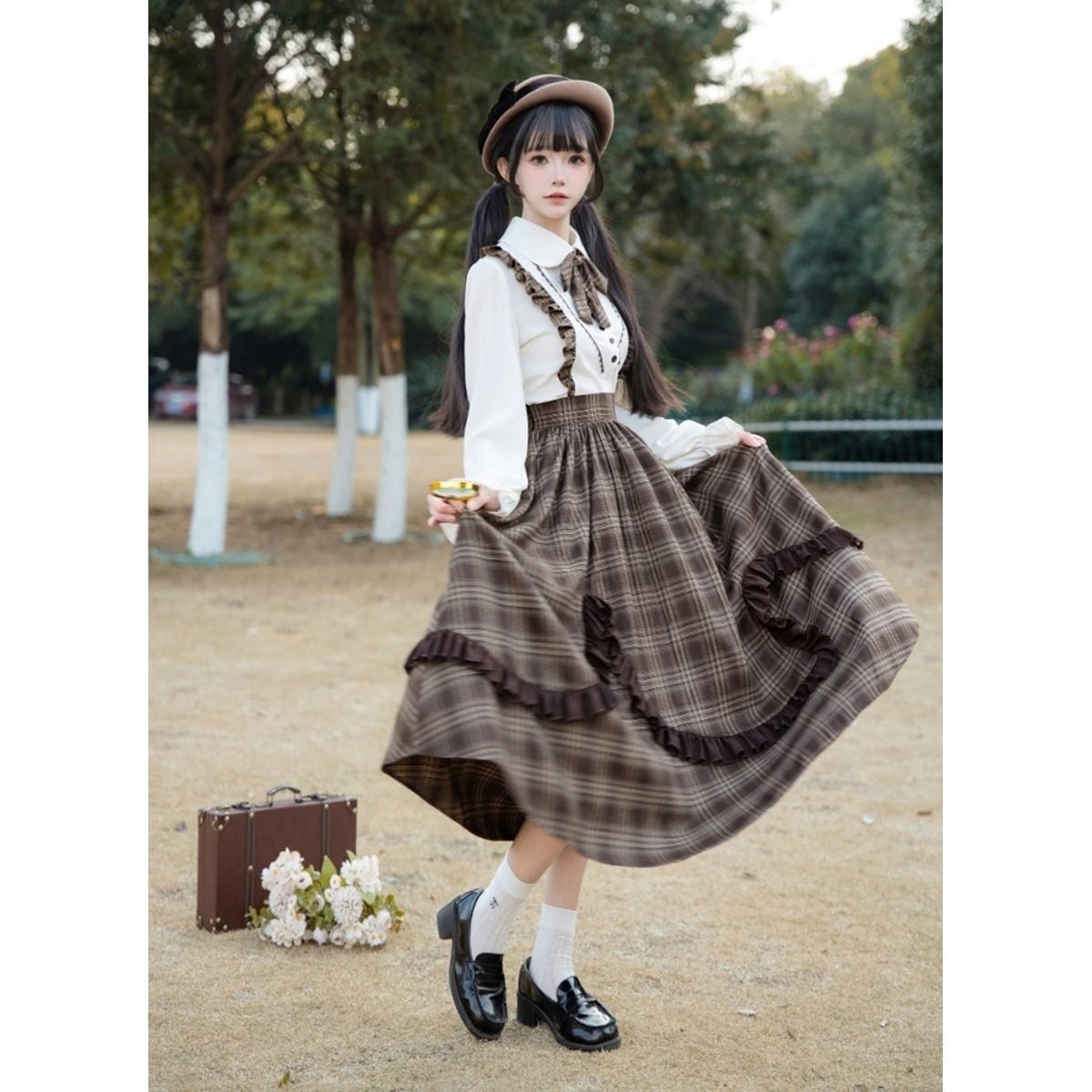 Brown Plaid Jumper Skirt Ensemble