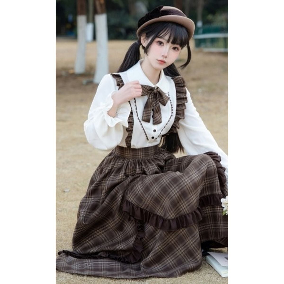 Brown Plaid Jumper Skirt Ensemble