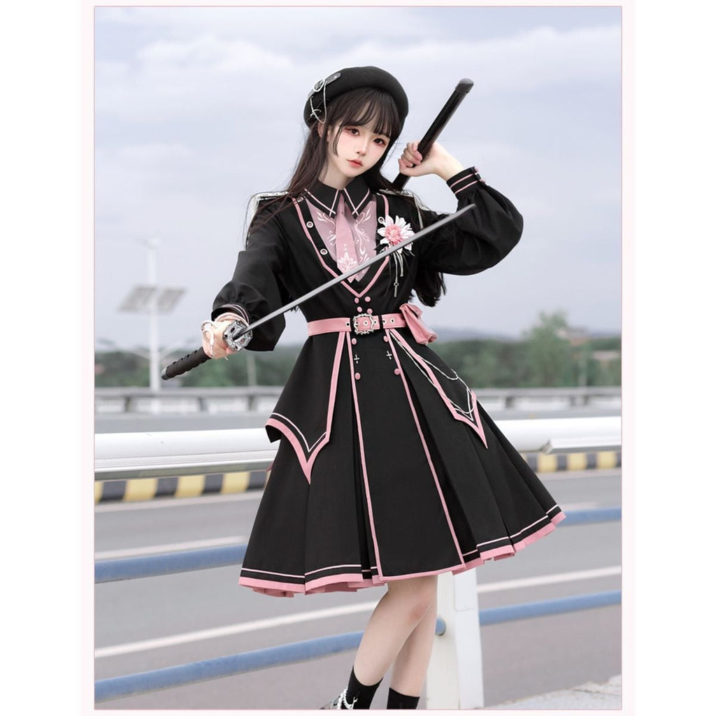 Pink and Black Military Lolita Dress Set