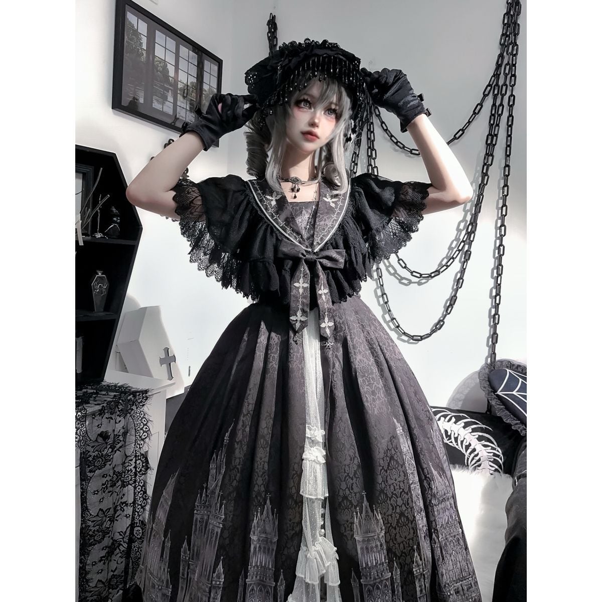 Gothic-Inspired Cape Jumper Skirt Outfit