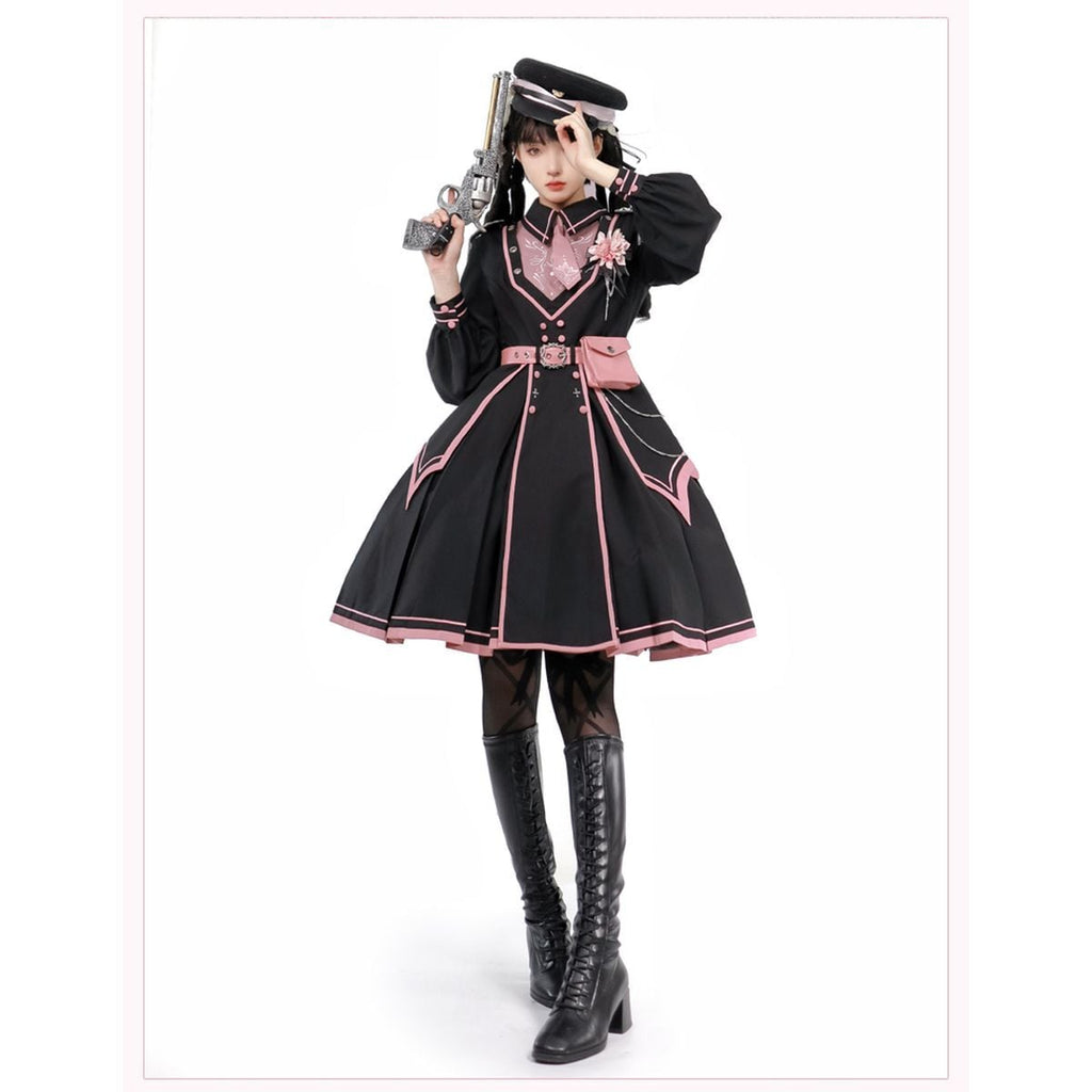 Pink and Black Military Lolita Dress Set
