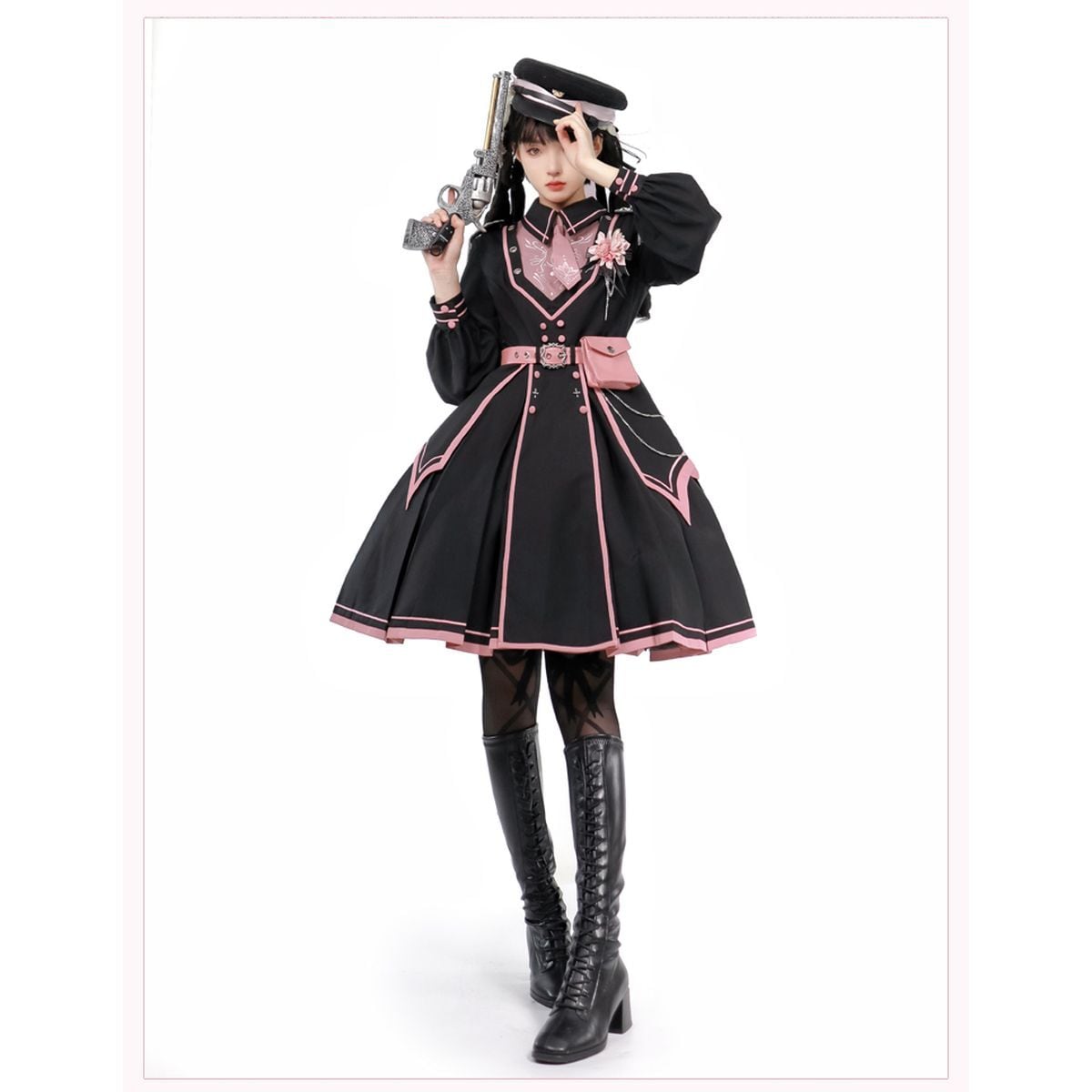Pink and Black Military Lolita Dress Set