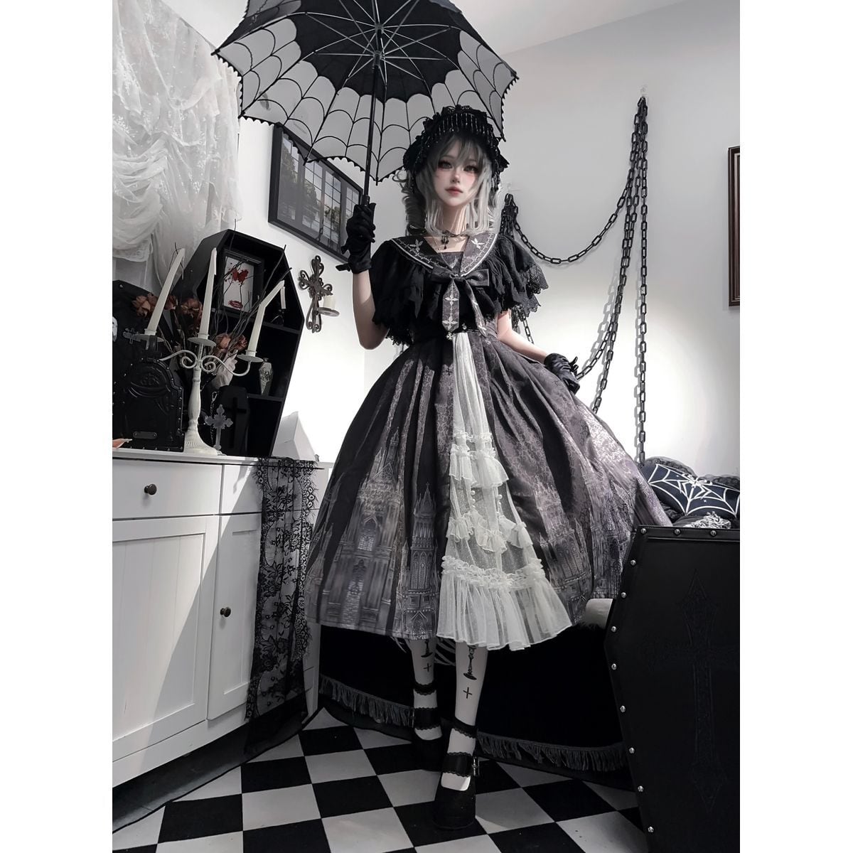 Gothic-Inspired Cape Jumper Skirt Outfit