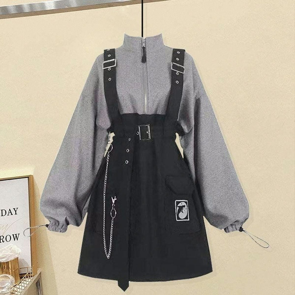 Stylish Felt Dress with Suspenders