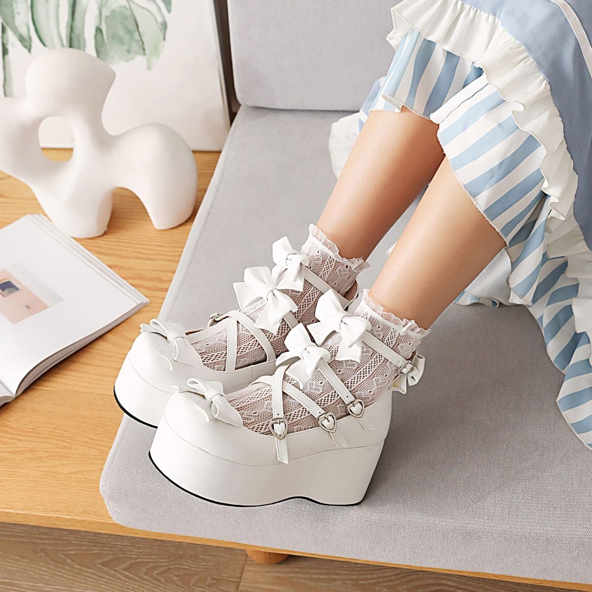 Platform Ribbon Heart Strap Shoes