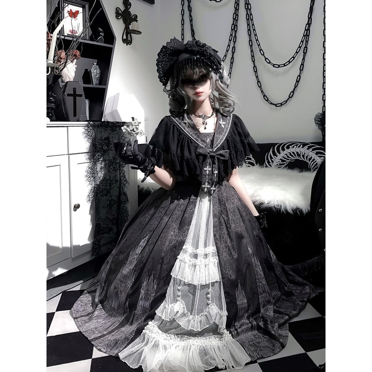 Gothic-Inspired Cape Jumper Skirt Outfit