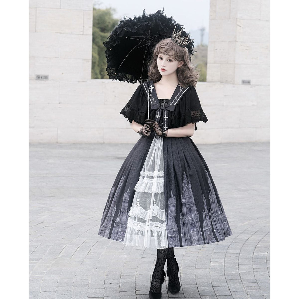 Gothic-Inspired Cape Jumper Skirt Outfit