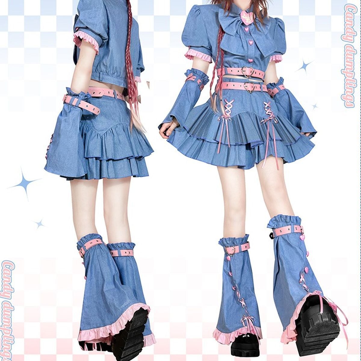 Y2K Mini Skirt Heart Denim Set