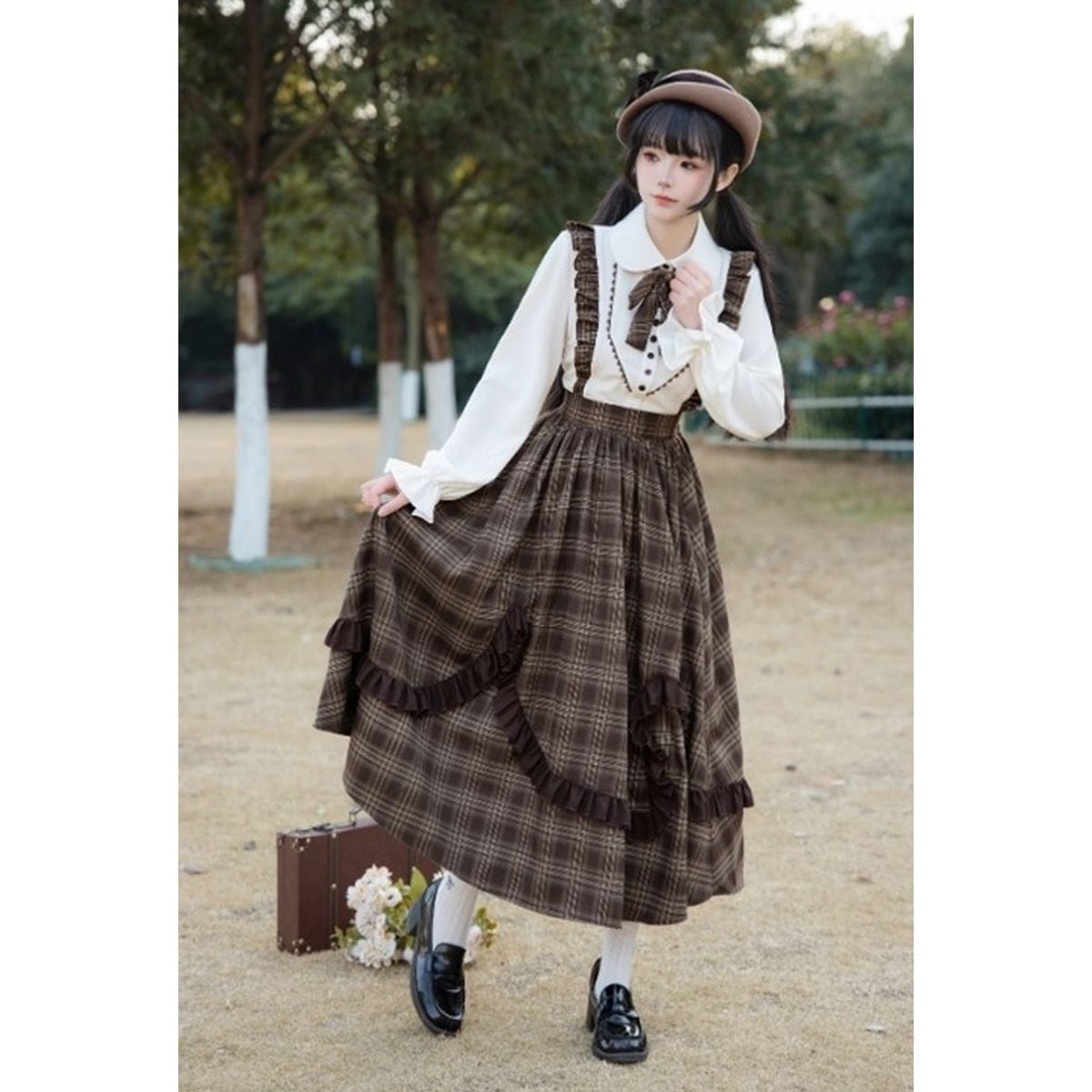 Brown Plaid Jumper Skirt Ensemble