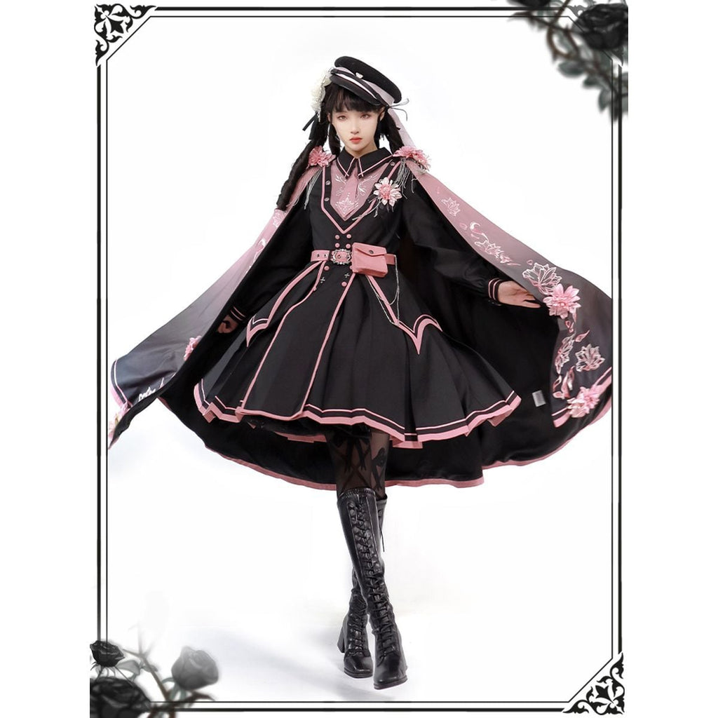 Pink and Black Military Lolita Dress Set
