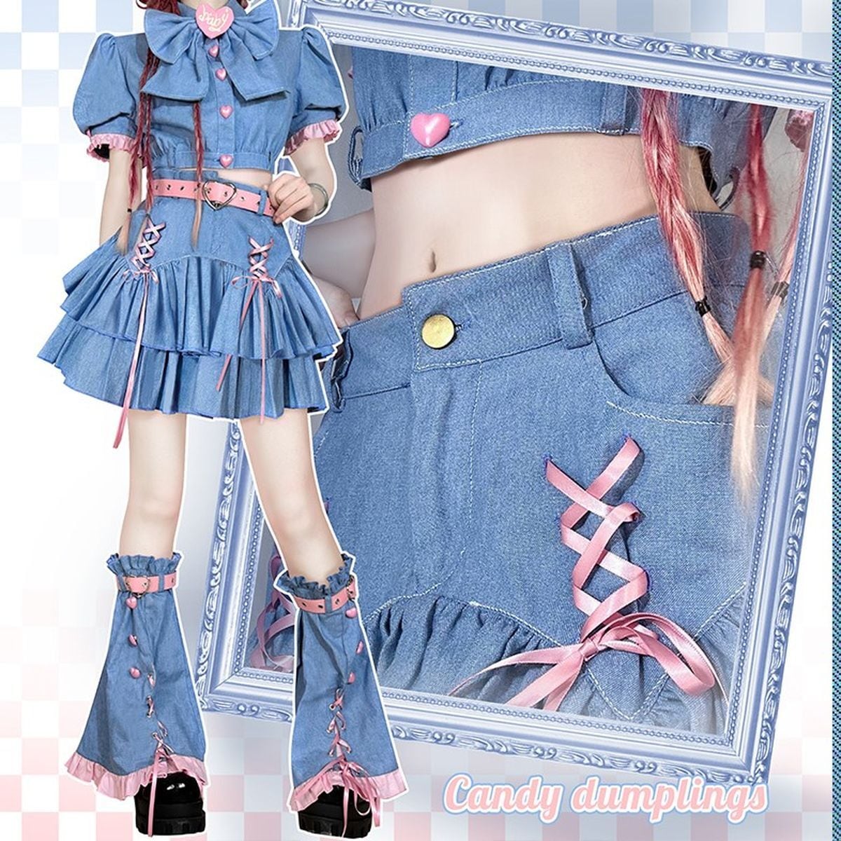 Y2K Mini Skirt Heart Denim Set