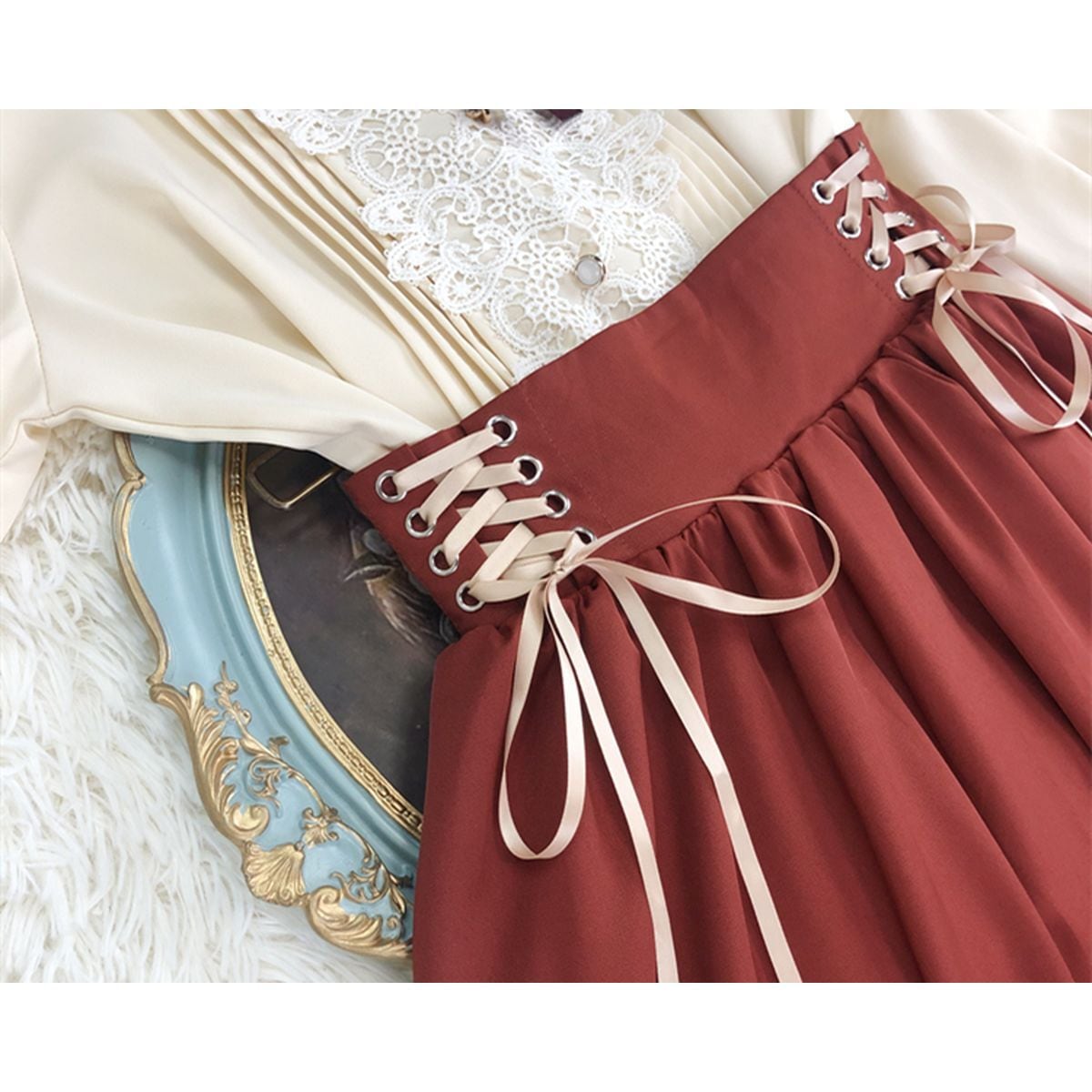 Frilled Sleeve Blouse and Lace-Up Maxi Skirt Set