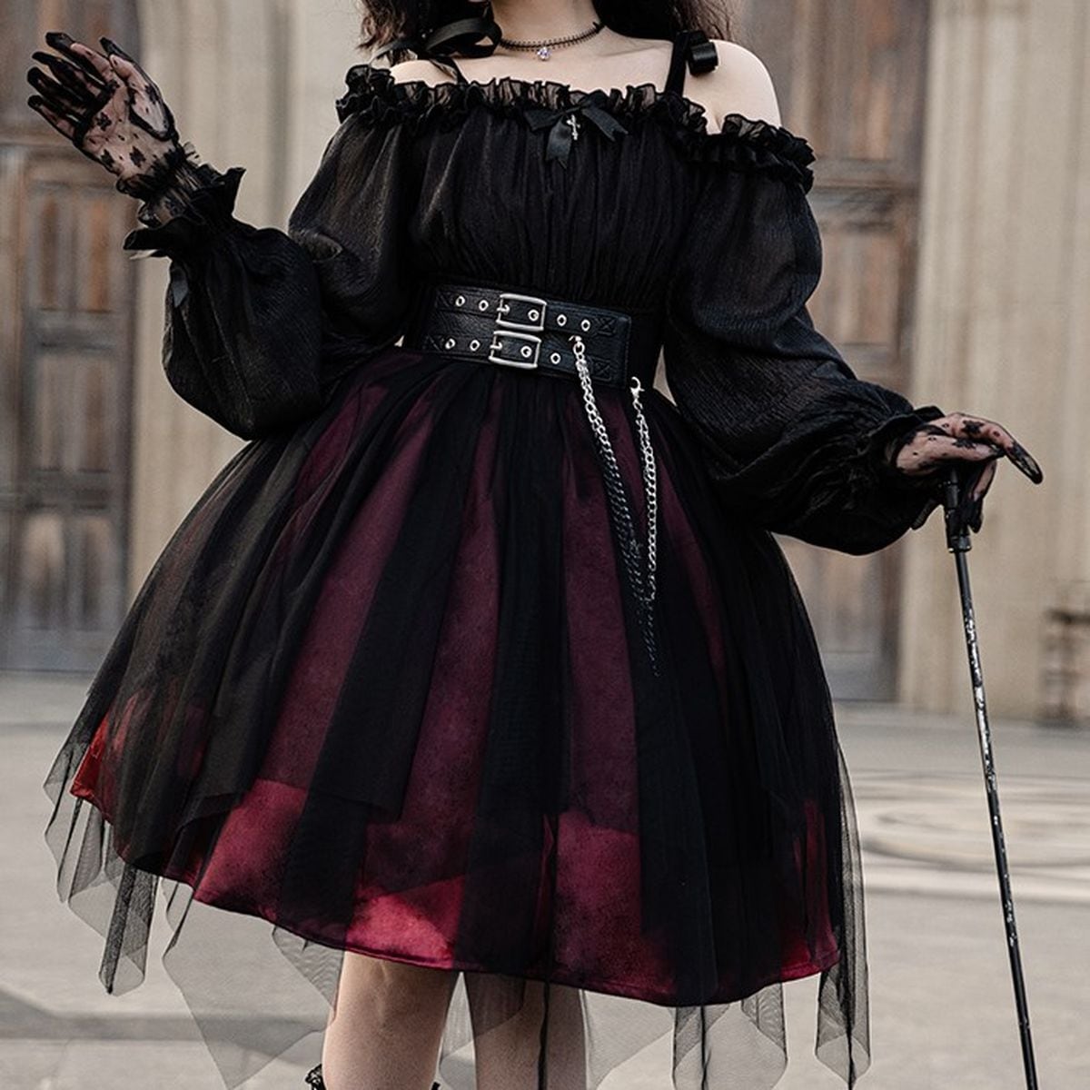 Gothic Off-Shoulder Double Belt Dress