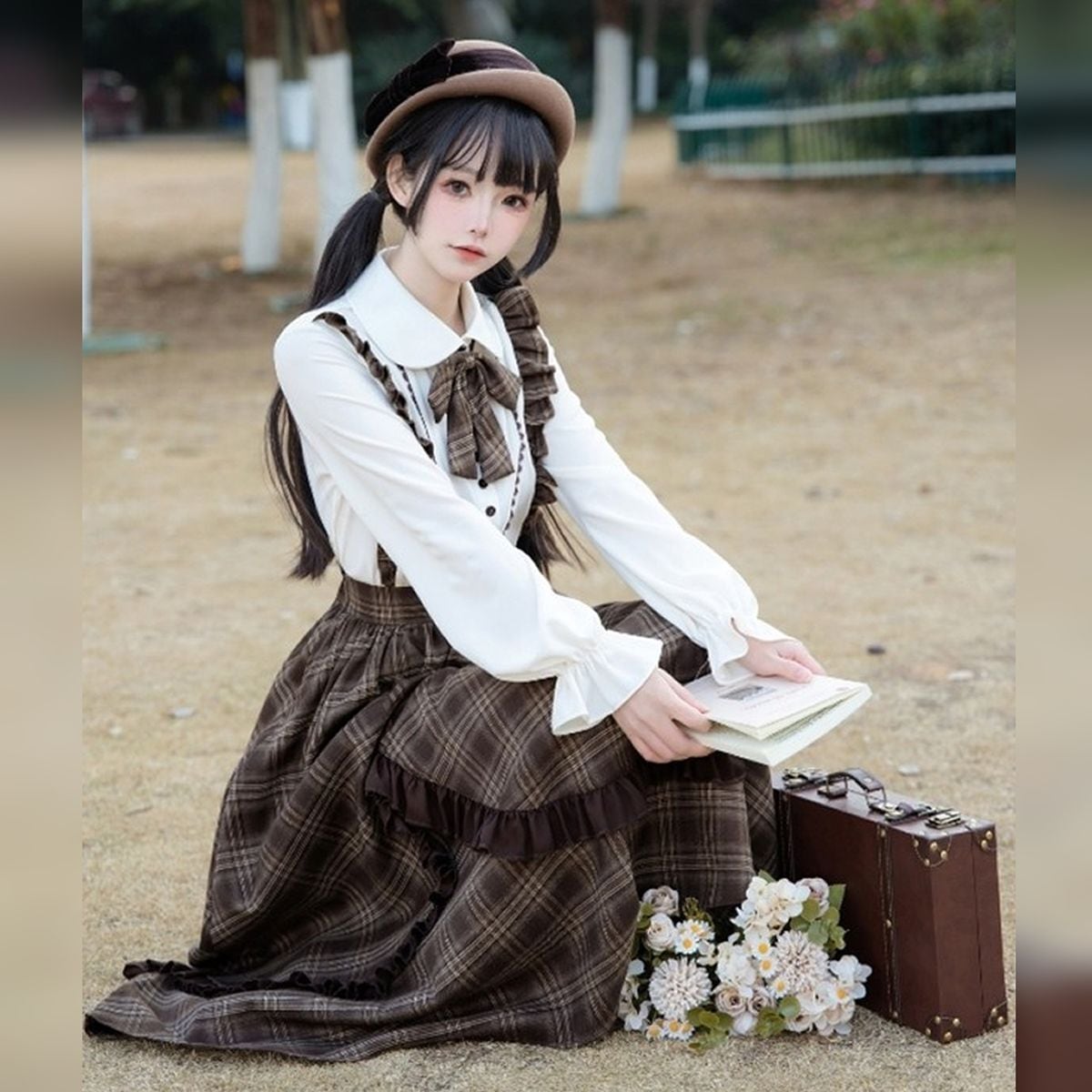 Brown Plaid Jumper Skirt Ensemble