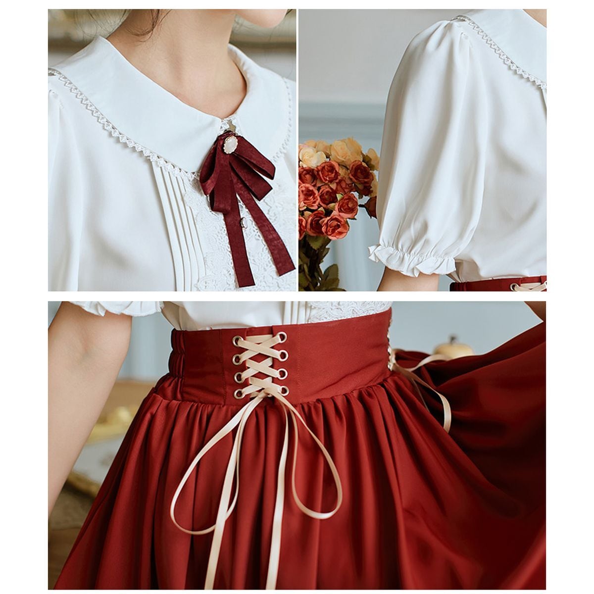 Frilled Sleeve Blouse and Lace-Up Maxi Skirt Set