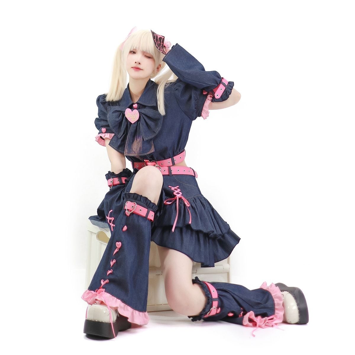 Y2K Mini Skirt Heart Denim Set