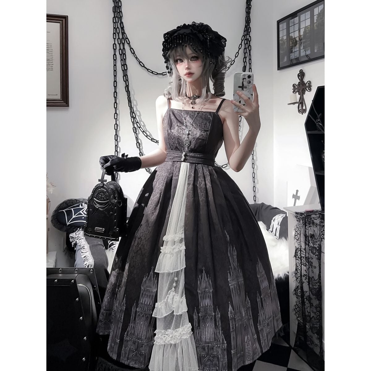 Gothic-Inspired Cape Jumper Skirt Outfit