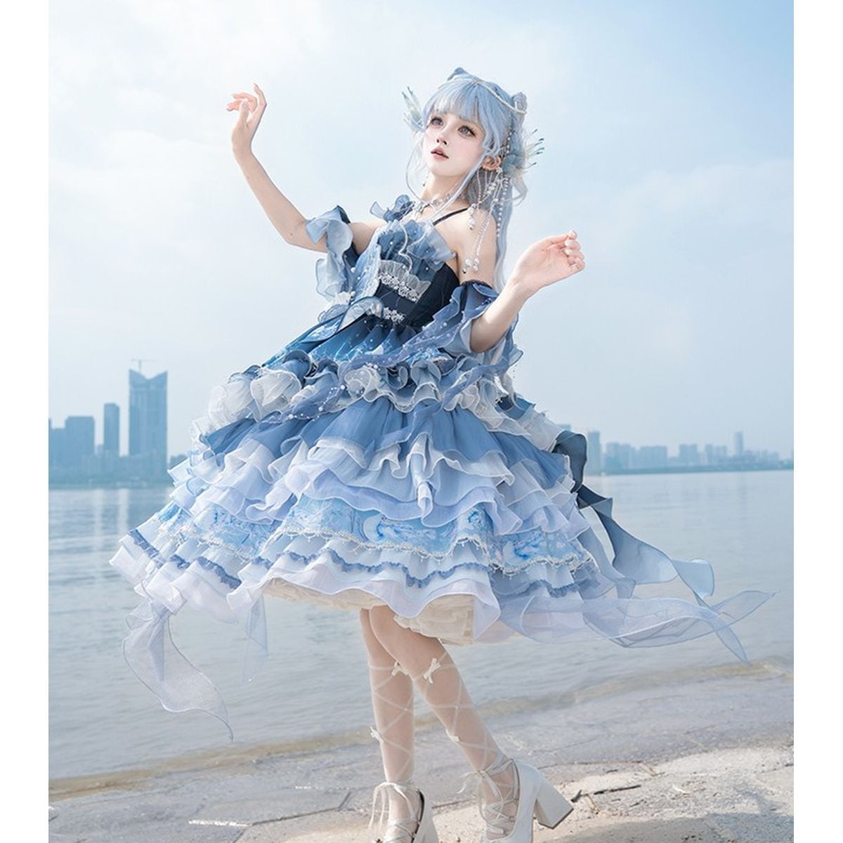 Blue Ruffle Gradient Dress Set