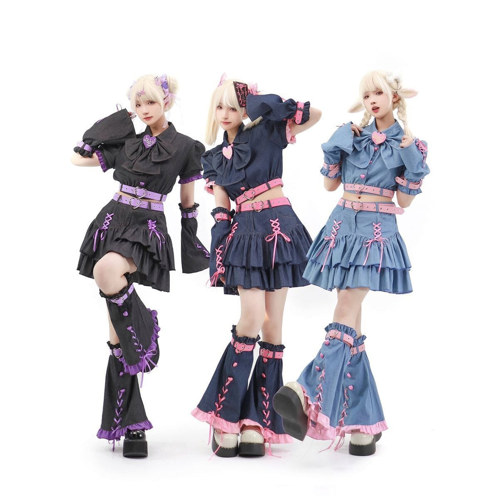 Y2K Mini Skirt Heart Denim Set