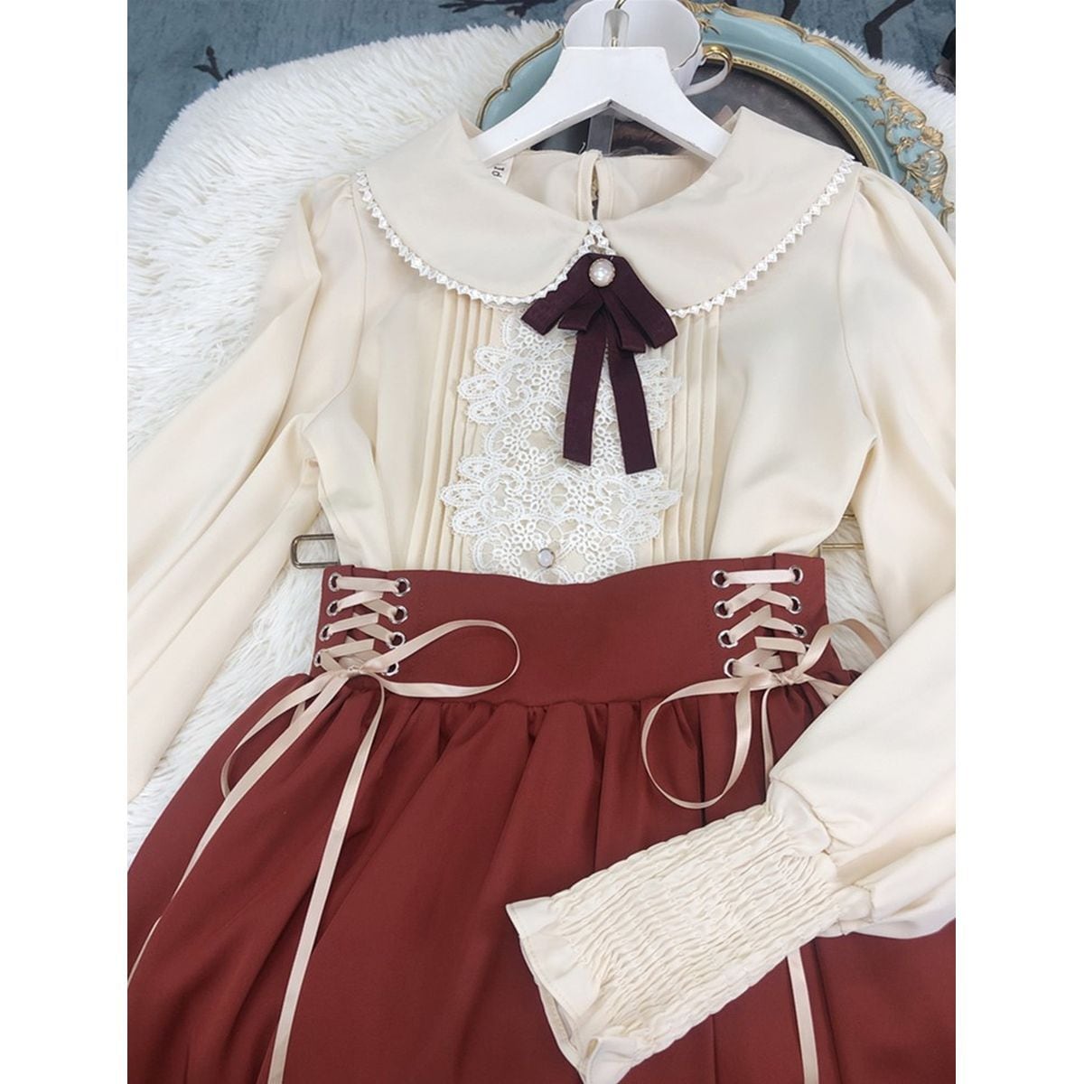 Frilled Sleeve Blouse and Lace-Up Maxi Skirt Set