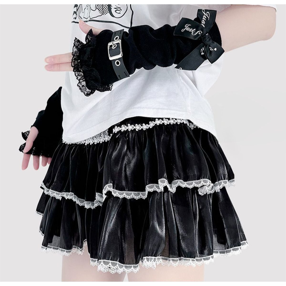 Punk Black Ribbon and Belt Arm Warmers