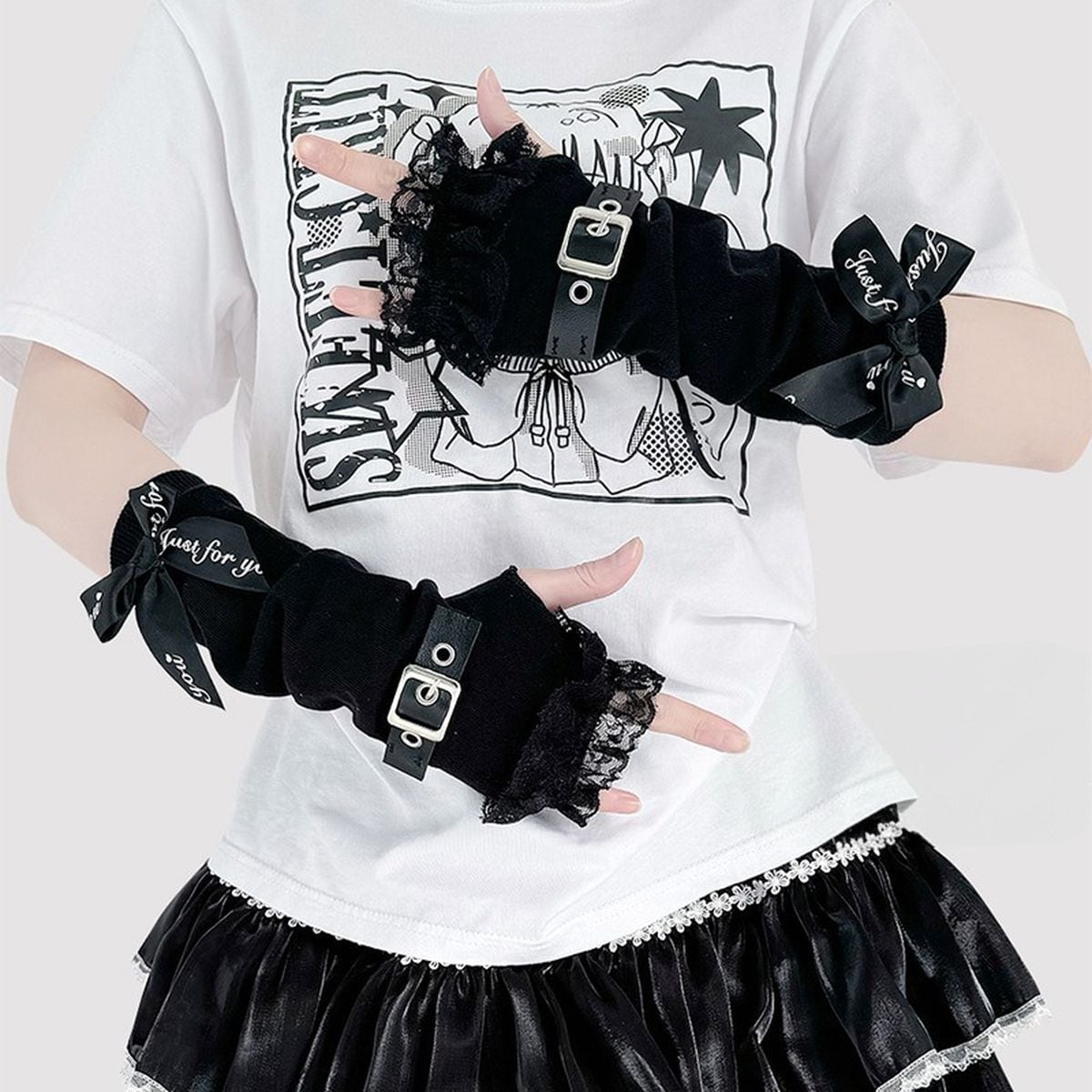 Punk Black Ribbon and Belt Arm Warmers