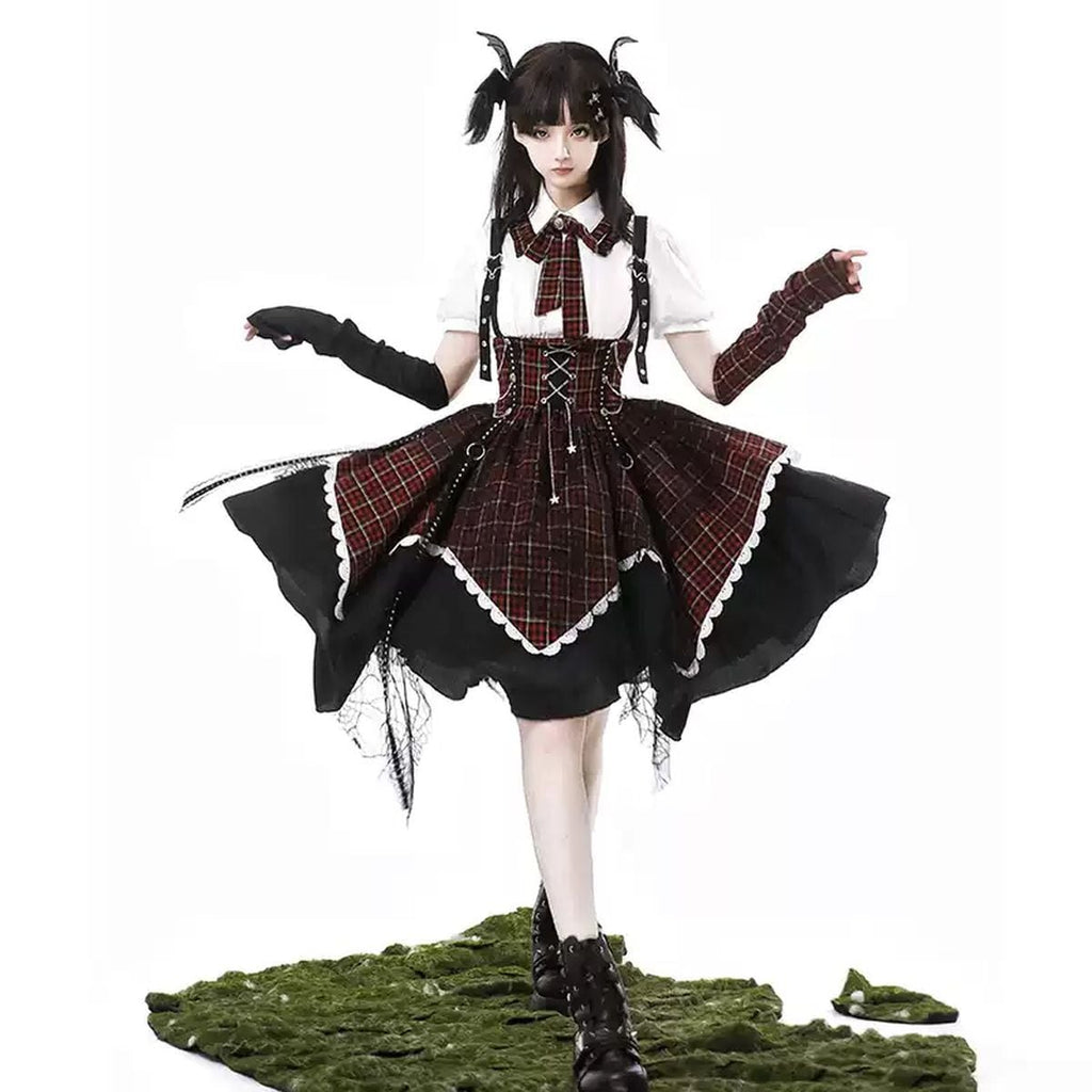 Punk Style Checkered Dress Set